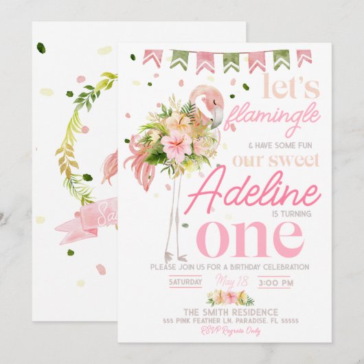 Let's Flamingle 1th Birthday招待状Flamingo 招待状 (正面/裏面)