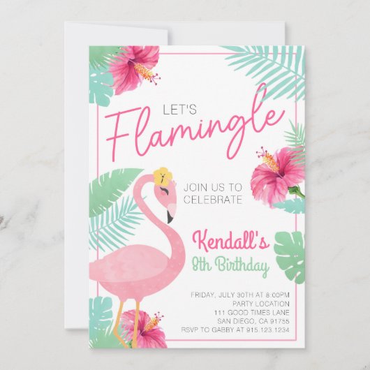 Let's Flamingle Flamingo Birthday Party Invitation 招待状 (正面)