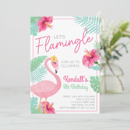 Let's Flamingle Flamingo Birthday Party Invitation 招待状 (スタンド正面)