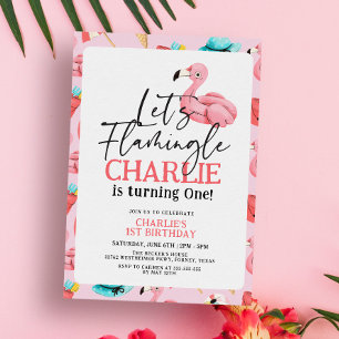 Let's Flamingle Pink Flamingo Girl 1st Birthday 招待状