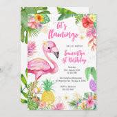 Let's Flamingle Pink Girl Tropical Birthday 招待状 (正面/裏面)