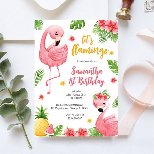 Let's Flamingle Pink Girl Tropical Birthday 招待状