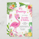 Let's Flamingle Pink Girl Tropical Birthday 招待状 (正面/裏面)