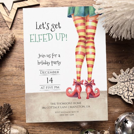 Let's Get ELFED UP! Fun Curly Shoes Holiday Party 招待状