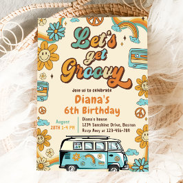 Let's Get Groovy レトロ レインボー 6歳の誕生日 招待状