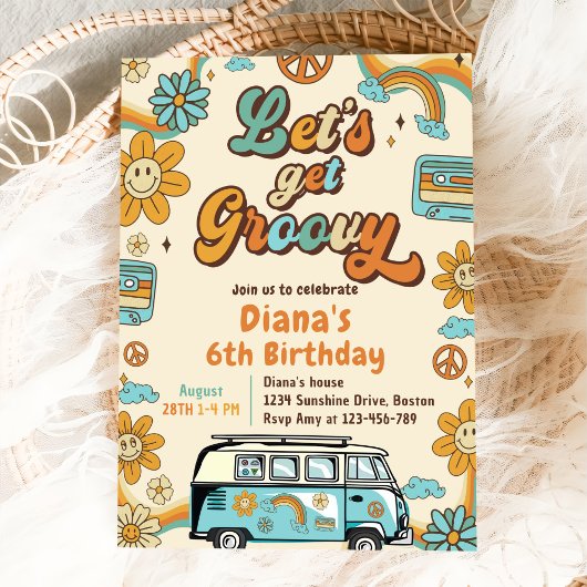 Let's Get Groovy レトロ レインボー 6歳の誕生日 招待状