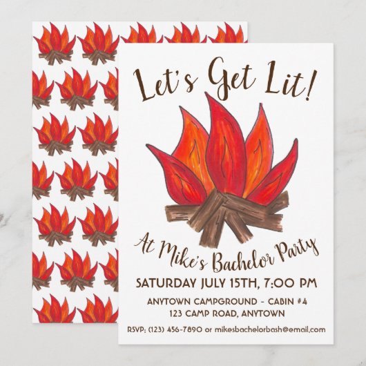 Let's Get Lit キャンプファイヤー バチェラーパーティー キャンプアウト 招待状 (正面/裏面)