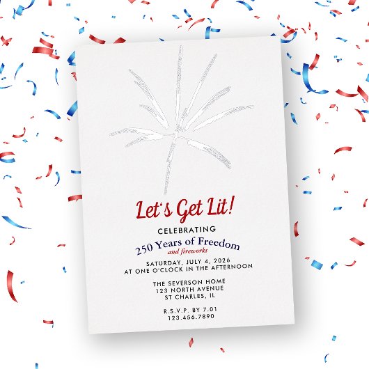 Let's Get Lit シルバー花火 250周年 7月4日 箔招待状
