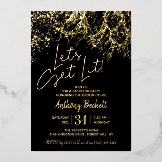 Let's Get Lit | Bachelor Party Real 箔招待状 (正面)