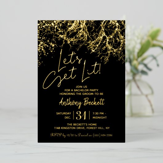 Let's Get Lit | Bachelor Party Real 箔招待状 (立ち正面)