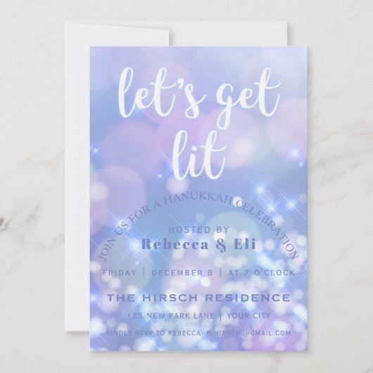 Let's get lit - Blue Sparkles おもしろい Hanukkah 招待状 (正面)