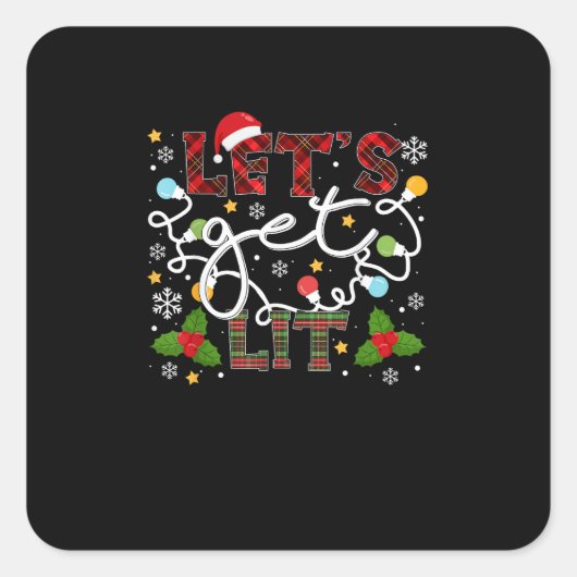 Let's Get Lit Drinking Santa Christmas Lights スクエアシール (正面)