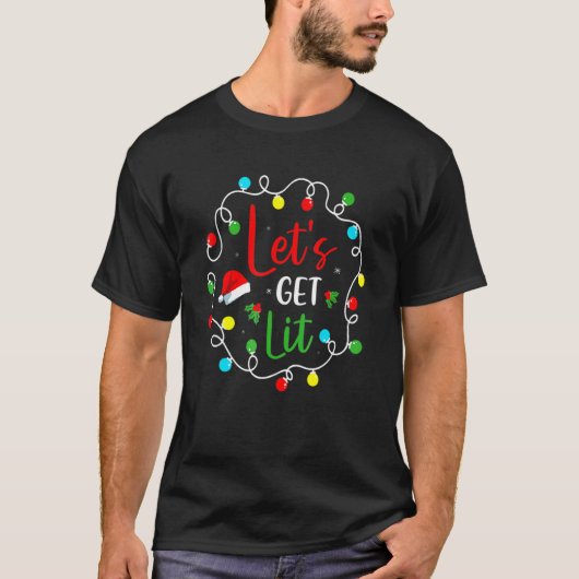 Let's Get Lit Drinking Santa Hat Christmas Lights Tシャツ (正面)