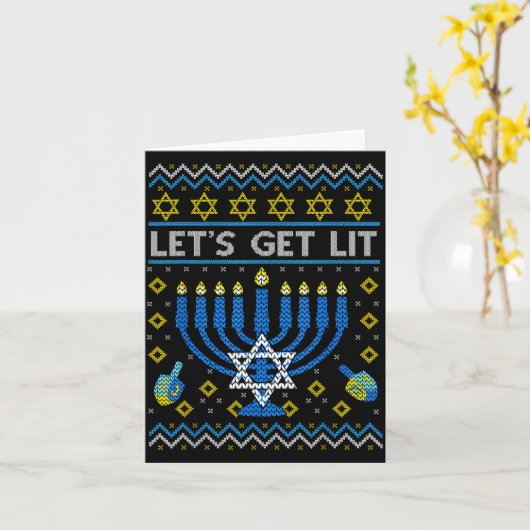 Let's Get Lit Funny Jewish Holiday Chanukah Ugly H カード (黄色い花)