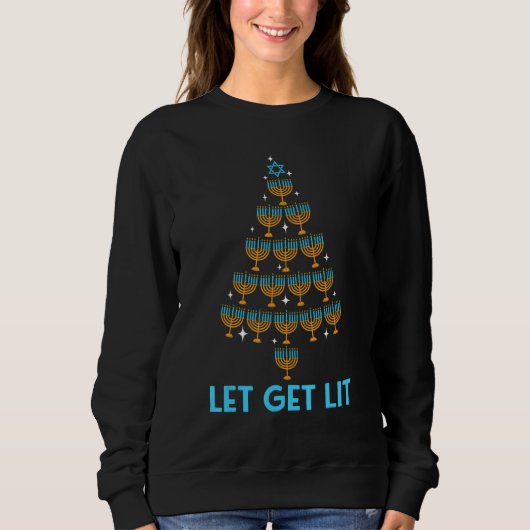 Lets Get Lit Menorah Christmas Tree Ugly Hanukkah  スウェットシャツ (正面)