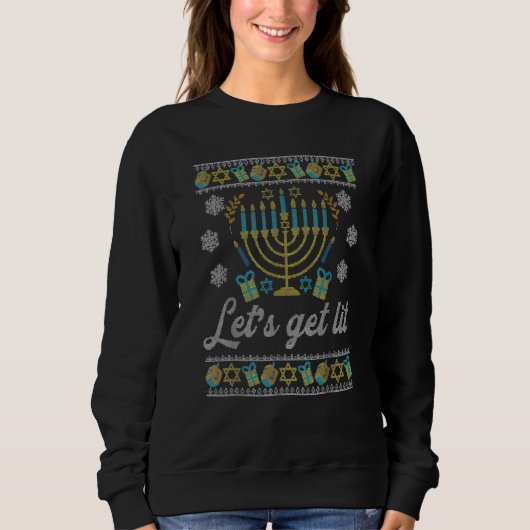 Lets Get Lit Ugly Hanukkah Channukah スウェットシャツ (正面)