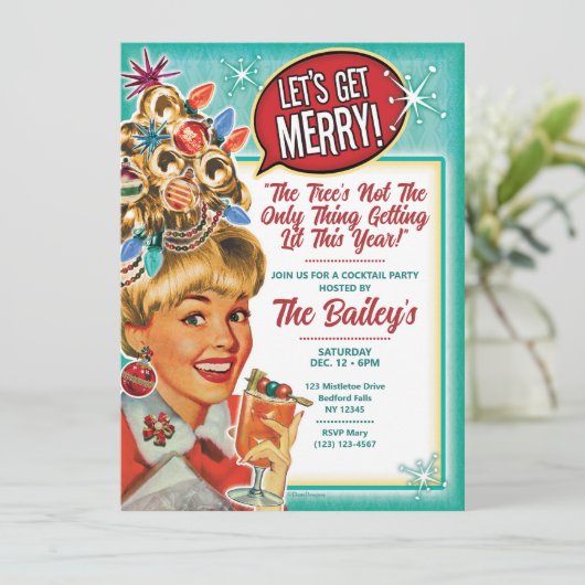 Let's Get Merry - レトロなクリスマスパーティーの招待状 シーズンカード (スタンド正面)