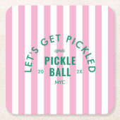 Let's Get Pickled Après Pickleball Pink Stripe スクエアペーパーコースター (正面)