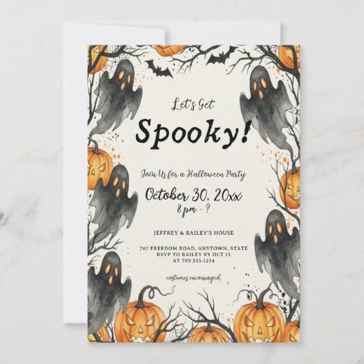 Let's Get Spooky Ghosts & Pumpkins Halloween Party 招待状 (正面)