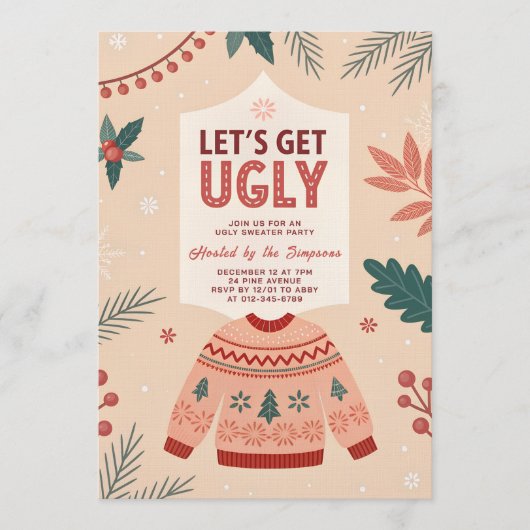 Let's Get Ugly Retro Christmas Ugly Sweater Party 招待状 (正面)
