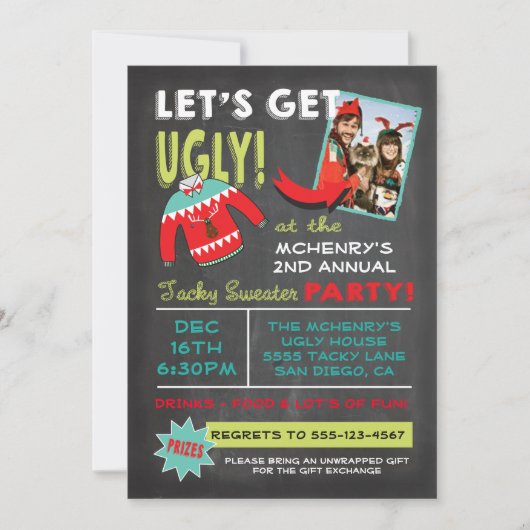 Let's Get Ugly Sweater Christmas Party 黒板 招待状 (正面)