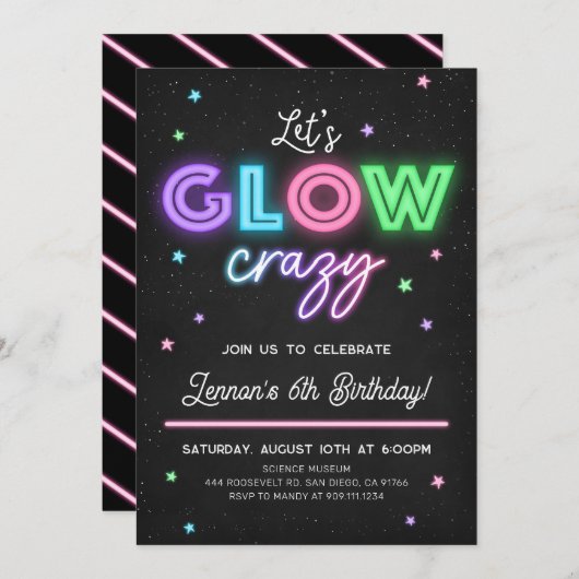 Let's Glowおもしろい熱狂する誕生日パーティーの招待 招待状 (正面/裏面)