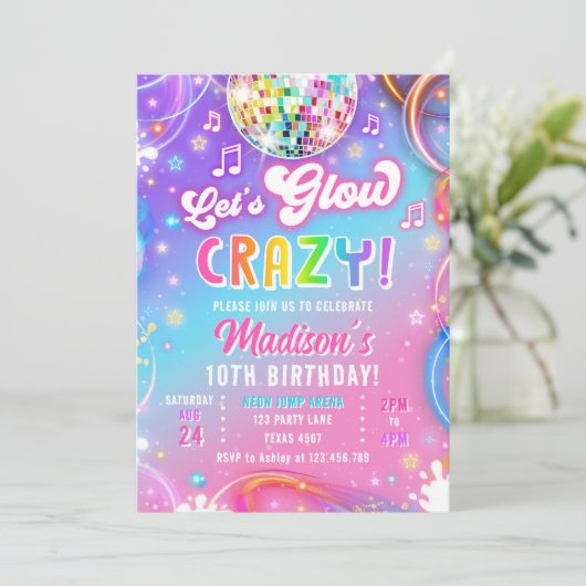 Let's Glow Crazy Disco Neon Glow Girl Birthday 招待状 (スタンド正面)