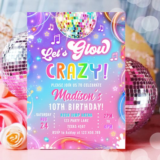 Let's Glow Crazy Disco Neon Glow Girl Birthday 招待状