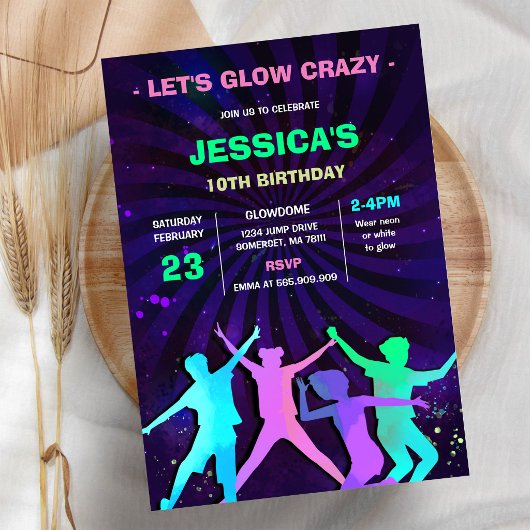 Let's Glow Crazy Neon Birthday Party Invitation 招待状