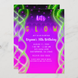 Let's Glow Purple Pink Neon Green Sweet 16パーティー 招待状