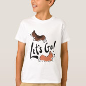 "Let's Go" かわいいコーギー楽しいグラフィック白子供用 Tシャツ (正面)