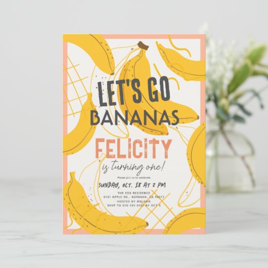 Let's Go Bananas Yellow & Pink 1st Birthday 招待状 (スタンド正面)