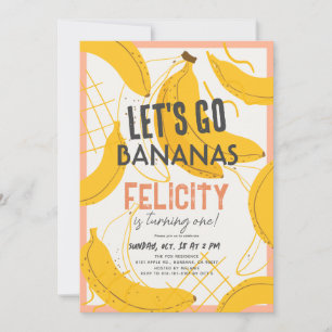 Let's Go Bananas Yellow & Pink 1st Birthday 招待状