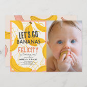 Let's Go Bananas Yellow & Pink 1st Birthday Photo 招待状 (正面/裏面)