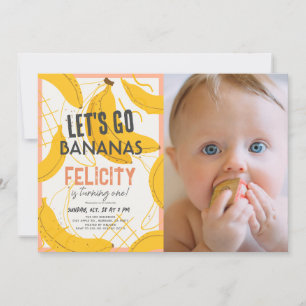 Let's Go Bananas Yellow & Pink 1st Birthday Photo 招待状