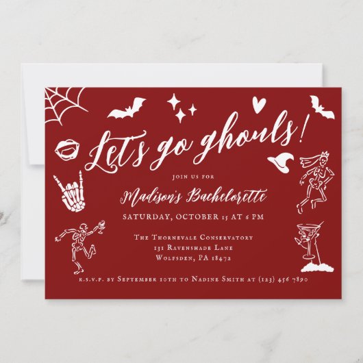 Let's Go Ghouls Spooky Whimsical Red Bachelorette 招待状 (正面)