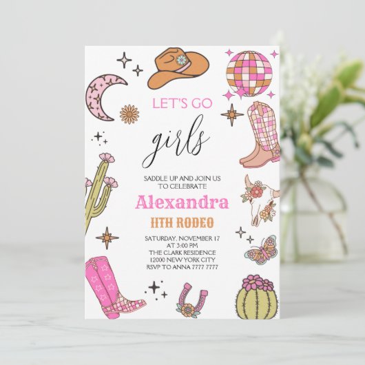 Let's Go Girls ディスコロデオウェスタンカウガール誕生日 招待状 (スタンド正面)