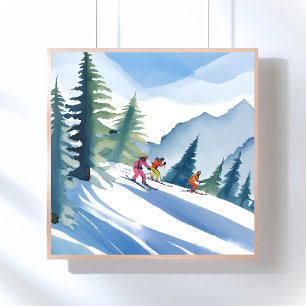 Let's Go Skiing 冬の水彩画 ポスター