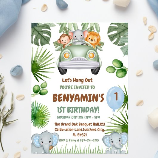  Let's Hang OuT Baby Elephant  First birthday 招待状