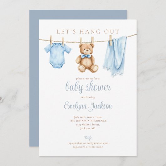 Let's Hang Out Blue Boy Clothesline Baby Shower 招待状 (正面/裏面)