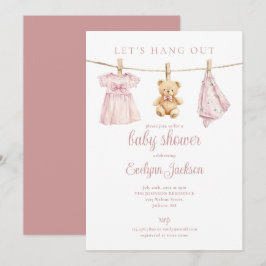 Lets Hang Out Pink Girl Clothesline Baby Shower 招待状