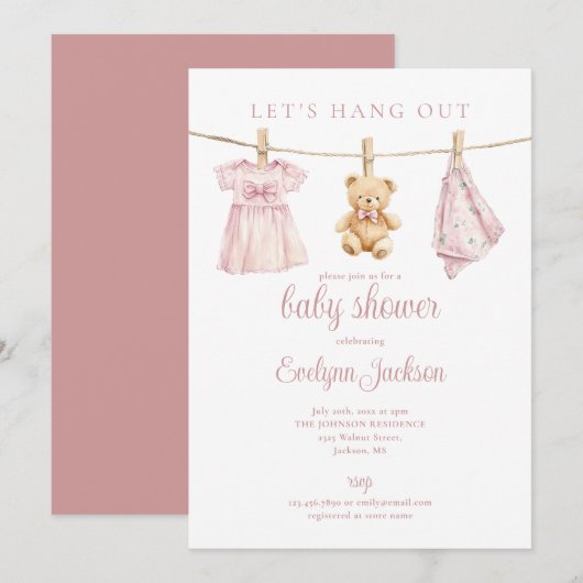 Lets Hang Out Pink Girl Clothesline Baby Shower 招待状 (正面/裏面)