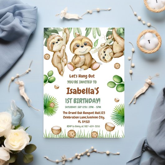  Let's Hang OuT sloth greenery  First birthday 招待状