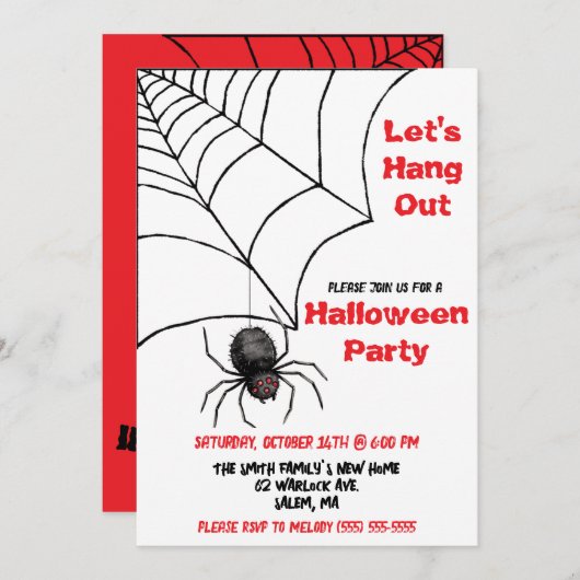Let's Hang Out, Spider, Spiderweb Halloween Party 招待状 (正面/裏面)