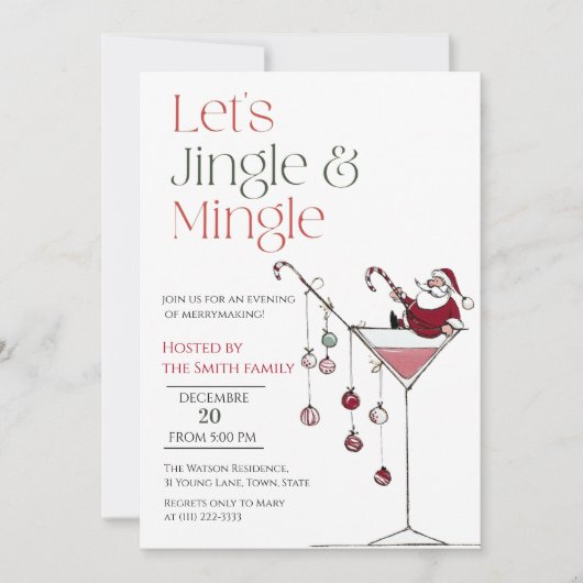 Let's Jingle and Mingle, サンタのコックテイル クリスマス 招待状 (正面)