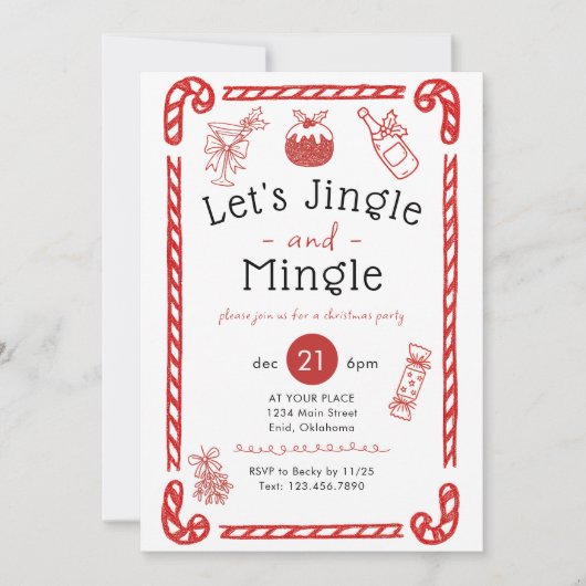 Let's Jingle and Mingle Red Doodle Holiday Party 招待状 (正面)