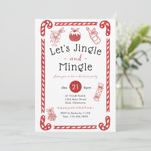 Let's Jingle and Mingle Red Doodle Holiday Party 招待状 (スタンド正面)