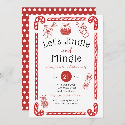 Let's Jingle and Mingle Red Doodle Holiday Party 招待状 (正面/裏面)
