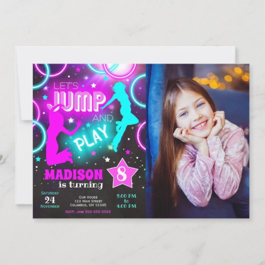 Let's Jump Bounce Neon Trampoline Park Birthday 招待状 (正面)