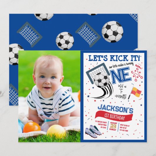 Let's Kick It Rookieサッカー写真1st Birthday 招待状 (正面/裏面)